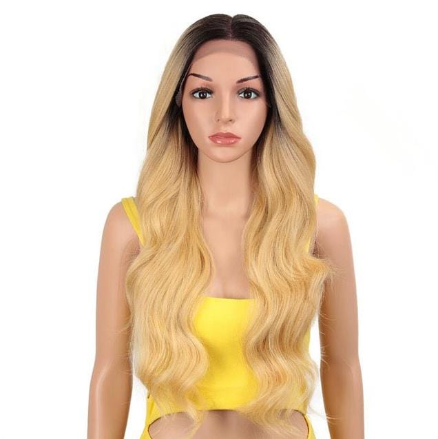 28 Inches / RT4/ 86E 13*4 lace body wave wig sleek wholesale high temperature blond ombre heat resistant body wave lace front wig Synthetic Hair Wigs