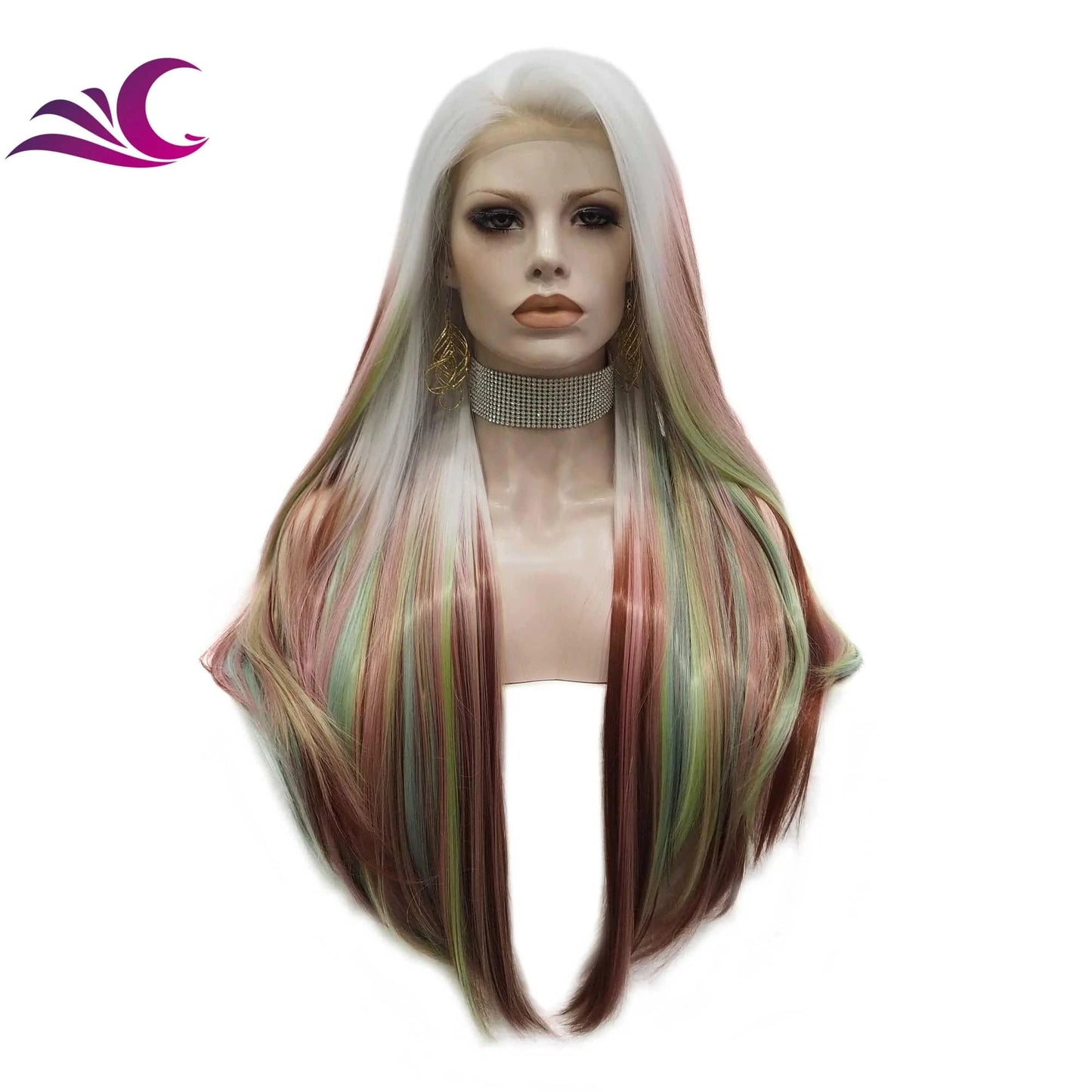 28 Inches / S-2117-07 Celebrity Ombre Brown Rainbow Multicolor Colorful Wig Silky Straight Heat Resistant Fiber Synthetic Lace Front Wig for Cosplay