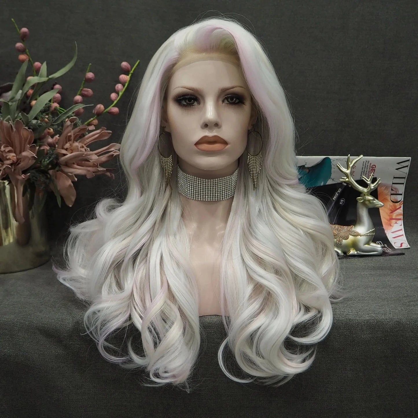 28 Inches / S22-2024-03 Celebrity Ombre Brown Rainbow Multicolor Colorful Wig Silky Straight Heat Resistant Fiber Synthetic Lace Front Wig for Cosplay