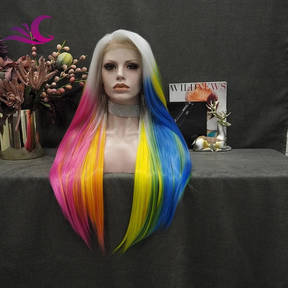 28 Inches / S32-2137 Celebrity Ombre Brown Rainbow Multicolor Colorful Wig Silky Straight Heat Resistant Fiber Synthetic Lace Front Wig for Cosplay