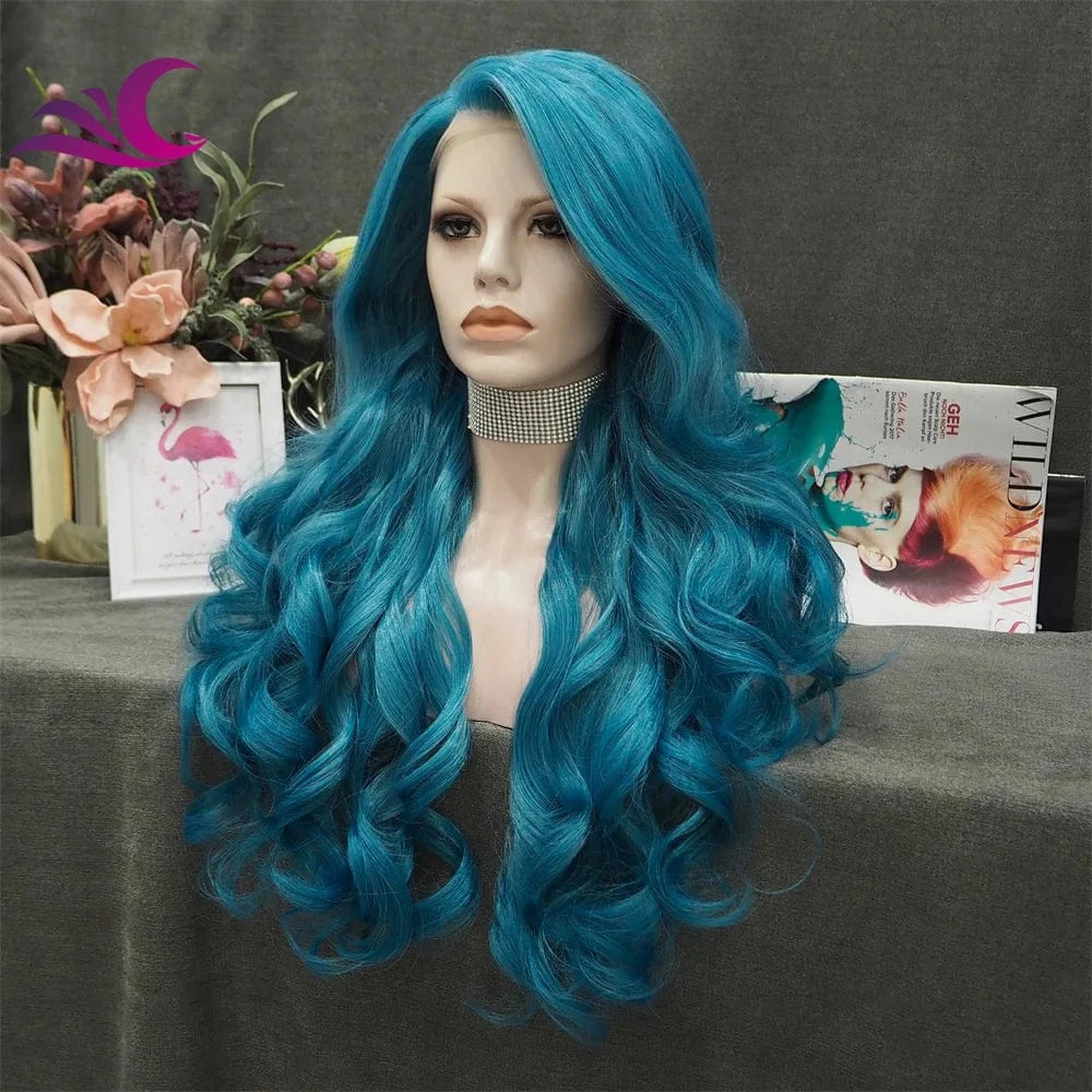 28 Inches / S72-2178-blue-raise Celebrity 180% Density Blue Colorful Cosplay Wigs Japanese Futura Heat Resistant Lace Front Wigs
