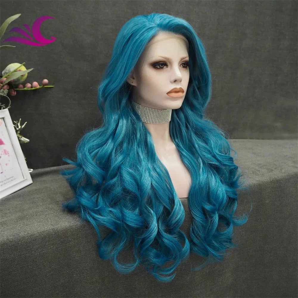 28 Inches / S72-2178-blue-raise Celebrity 180% Density Blue Colorful Cosplay Wigs Japanese Futura Heat Resistant Lace Front Wigs