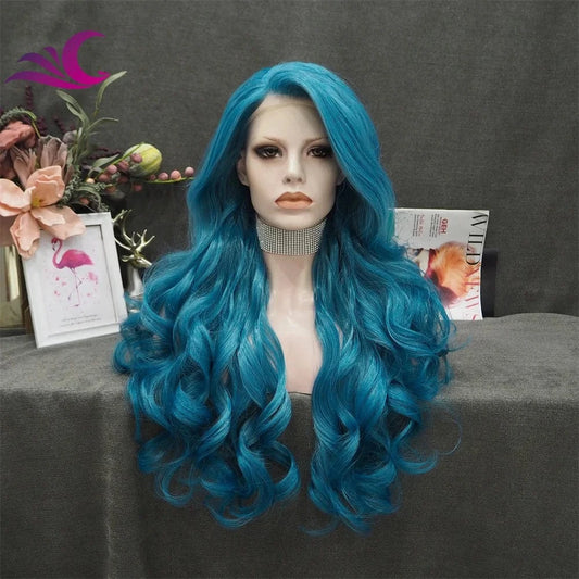 28 Inches / S72-2178-blue-raise Celebrity 180% Density Blue Colorful Cosplay Wigs Japanese Futura Heat Resistant Lace Front Wigs
