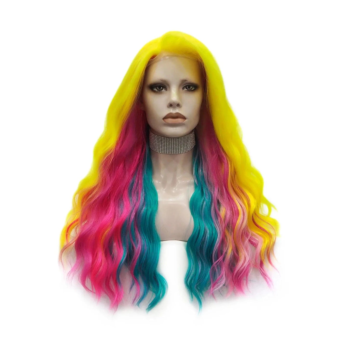 28 Inches / S75-7007 Celebrity Ombre Brown Rainbow Multicolor Colorful Wig Silky Straight Heat Resistant Fiber Synthetic Lace Front Wig for Cosplay