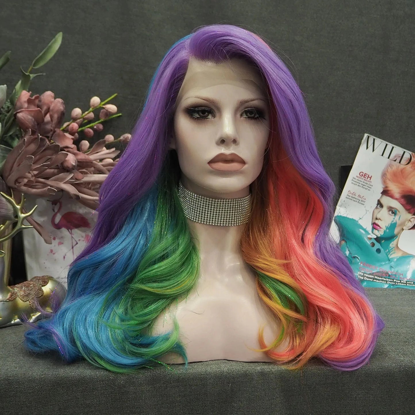 28 Inches / Tinsel-S37B-2101-03 Celebrity Ombre Brown Rainbow Multicolor Colorful Wig Silky Straight Heat Resistant Fiber Synthetic Lace Front Wig for Cosplay