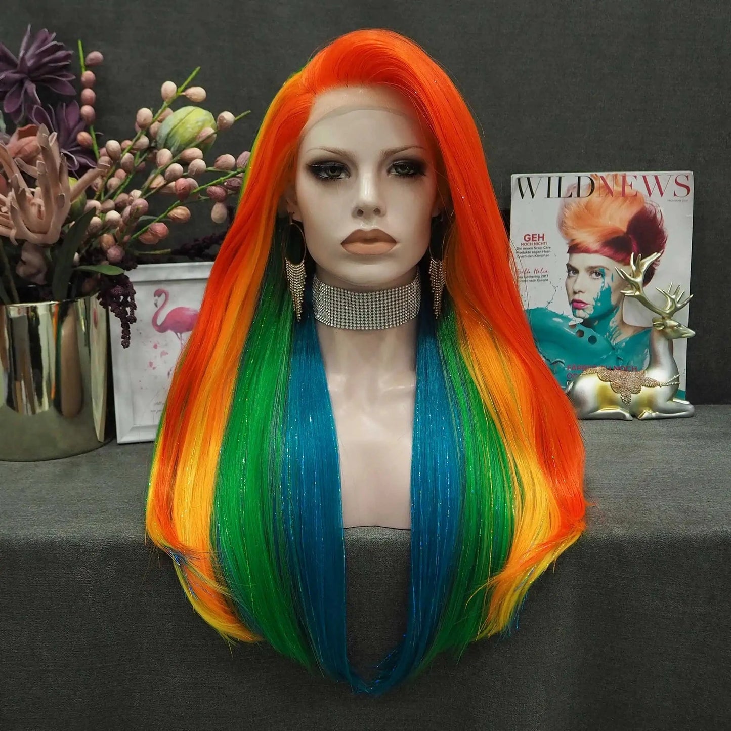 28 Inches / Tinsel-S39-2129-02 Celebrity Ombre Brown Rainbow Multicolor Colorful Wig Silky Straight Heat Resistant Fiber Synthetic Lace Front Wig for Cosplay