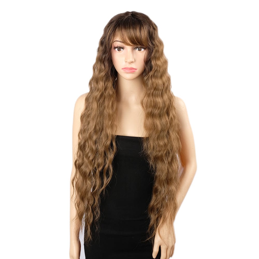 28 Inches / TT6/30W Synthetic Wigs for women sleek quality wholesale made machine wig heat resistant Long Water Wave With Bang Synthetic Hair Wigs