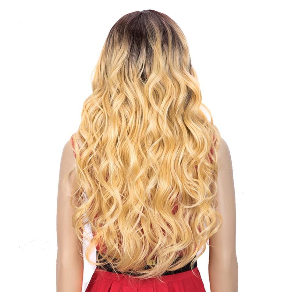 28 Inches / TT6/613D sleek 360 lace frontal ombre color wig wholesale blond body wave wig heat resistant lace  body wave Synthetic Hair Wig for women
