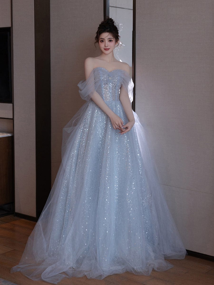 28W / Blue / Floor Length S0570H Haze blue bride dreamy fairy dress art examination banquet performance tube top evening dress