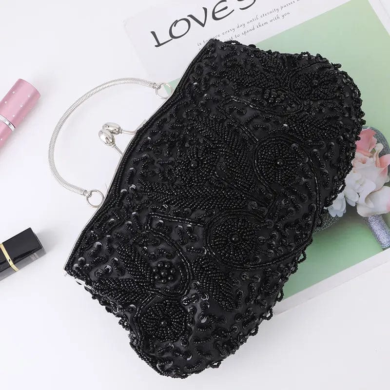 29*8*16cm / black Spot Wholesale Flower Pattern Bead Embroidery Metal Handle Double-sided Channeling Beads Evening Bags Ladies