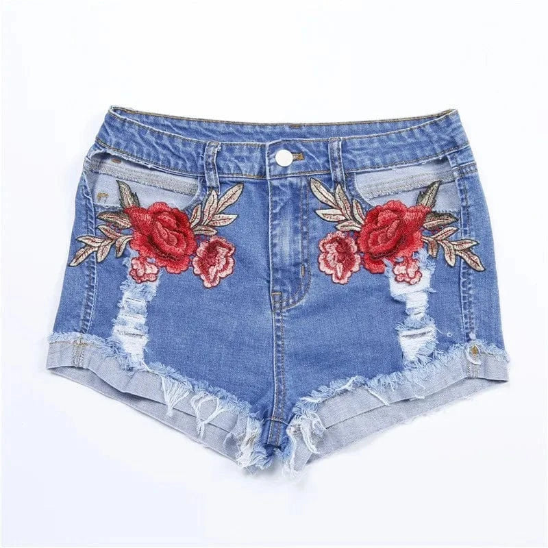 29 / White 24-30 Sizes Summer Women's Flowers Embroidered Holes Short Washed High Waisted Denim Shorts E823
