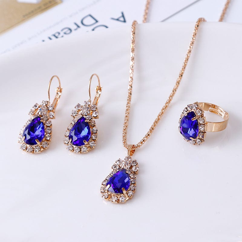 2cm diameter Adjustable / Blue Luxury Bridal Jewelry Set  Red Green Blue Gemstone Water Drop Diamond Ring Necklace Earrings Jewelry Sets
