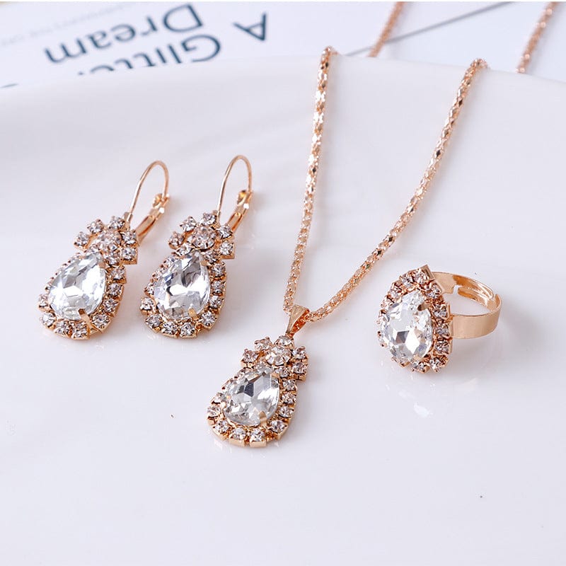 2cm diameter Adjustable / White Luxury Bridal Jewelry Set  Red Green Blue Gemstone Water Drop Diamond Ring Necklace Earrings Jewelry Sets