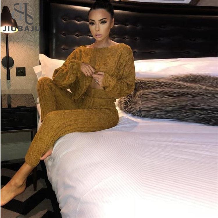 2pcs/Set Autumn Winter Knitted Outfits Women Pant Suits Sexy One Shoulder Sweaters Skinny Pants Two Piece Set Women