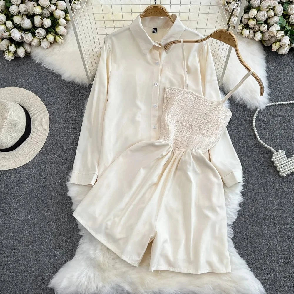 2Pcs Set Woman Lazy Fashion Suit Women'S Summer Niche Design High-Class Loose Sunscreen Shirt+Wide Leg Suspenders Culottes Set