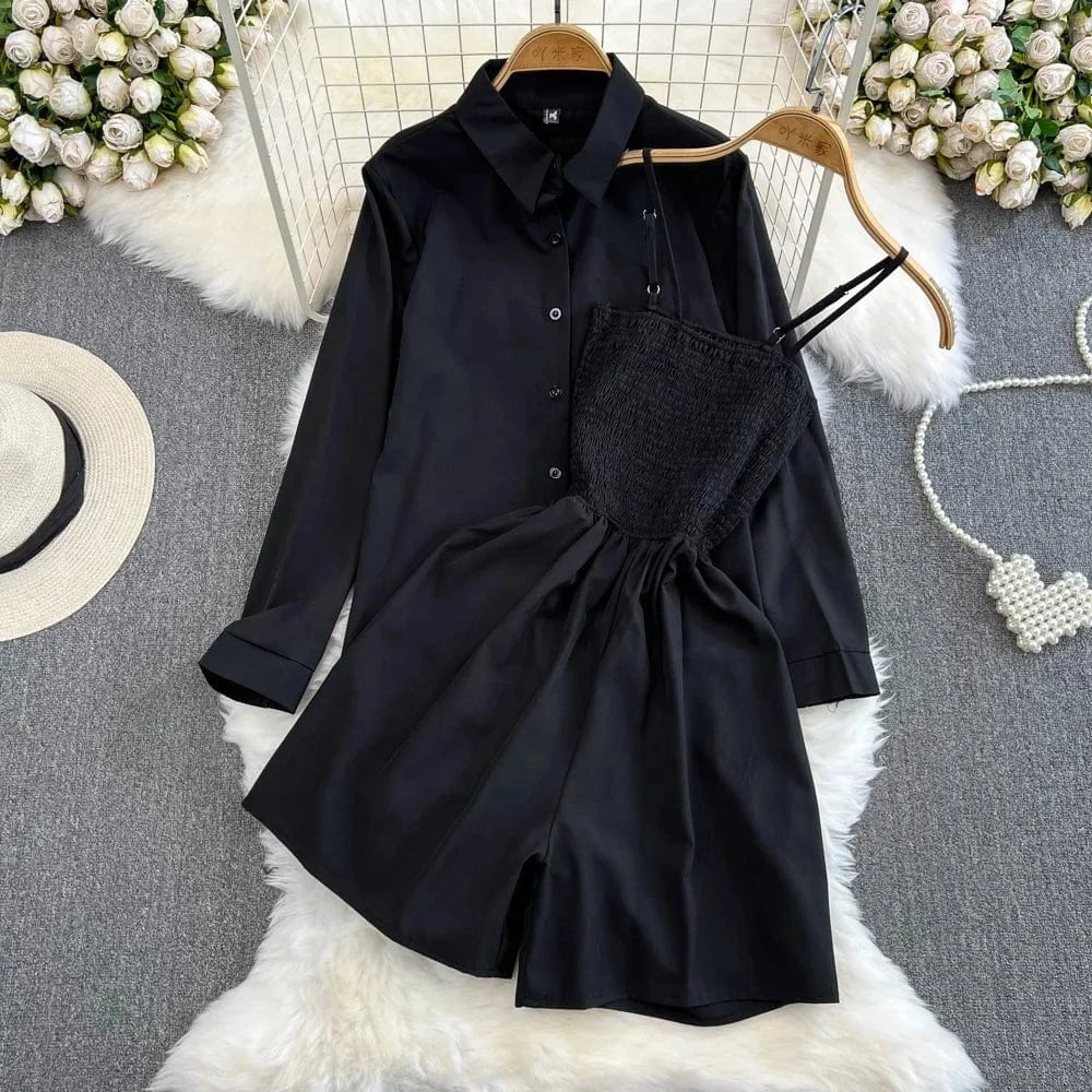 2Pcs Set Woman Lazy Fashion Suit Women'S Summer Niche Design High-Class Loose Sunscreen Shirt+Wide Leg Suspenders Culottes Set