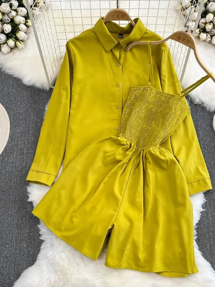 2Pcs Set Woman Lazy Fashion Suit Women'S Summer Niche Design High-Class Loose Sunscreen Shirt+Wide Leg Suspenders Culottes Set