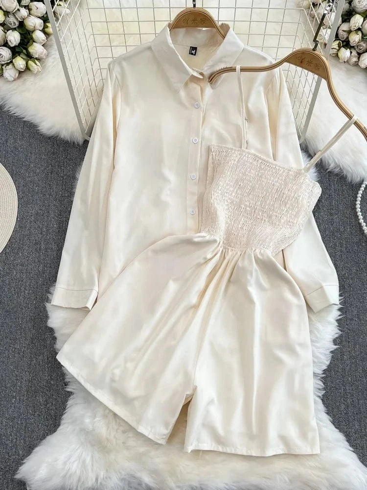 2Pcs Set Woman Lazy Fashion Suit Women'S Summer Niche Design High-Class Loose Sunscreen Shirt+Wide Leg Suspenders Culottes Set