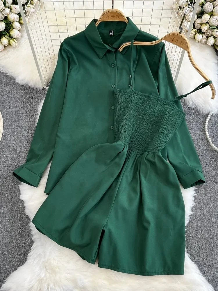 2Pcs Set Woman Lazy Fashion Suit Women'S Summer Niche Design High-Class Loose Sunscreen Shirt+Wide Leg Suspenders Culottes Set