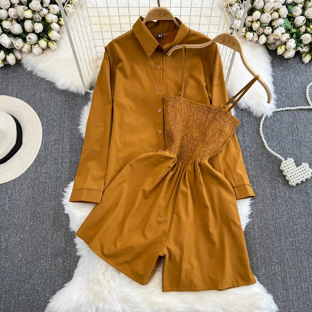 2Pcs Set Woman Lazy Fashion Suit Women'S Summer Niche Design High-Class Loose Sunscreen Shirt+Wide Leg Suspenders Culottes Set