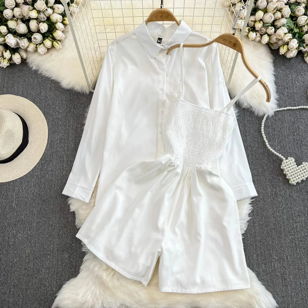 2Pcs Set Woman Lazy Fashion Suit Women'S Summer Niche Design High-Class Loose Sunscreen Shirt+Wide Leg Suspenders Culottes Set