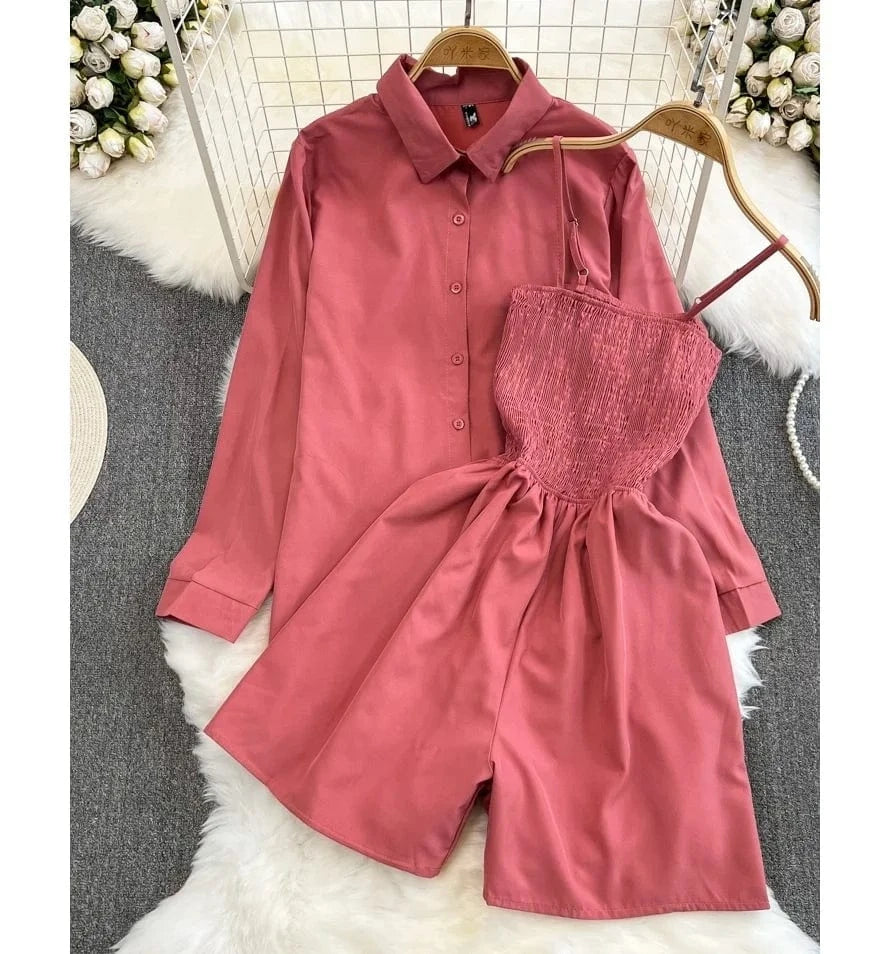 2Pcs Set Woman Lazy Fashion Suit Women'S Summer Niche Design High-Class Loose Sunscreen Shirt+Wide Leg Suspenders Culottes Set