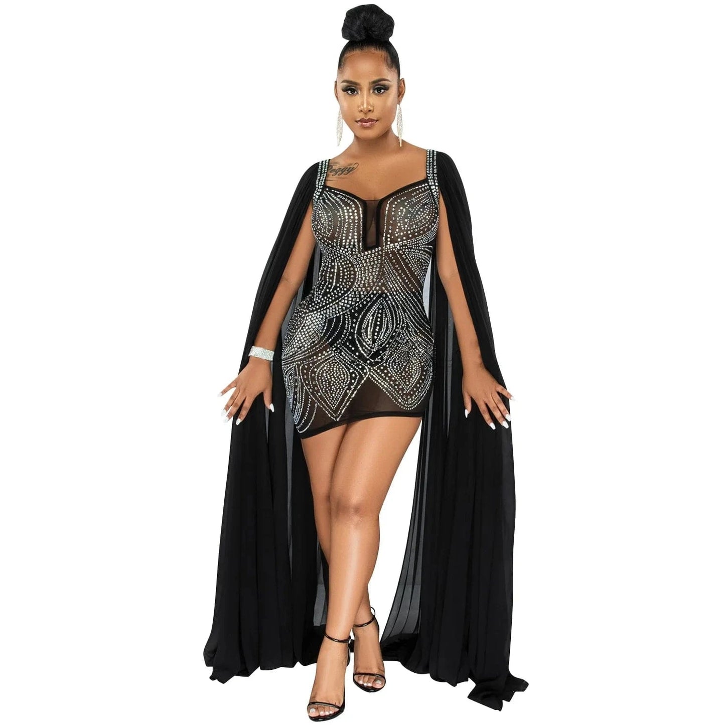 2XL / Black New Arrival Flare Cape Sleeve Mesh Crystal Dress Sparkle See Through Sequin Bodycon Birthday Party Club Dresses