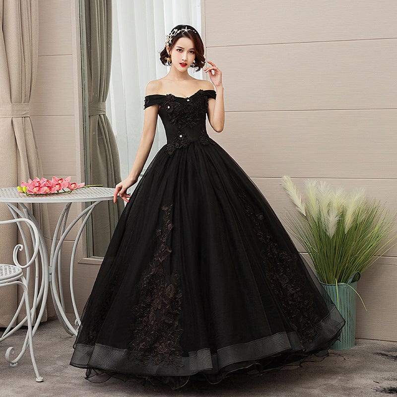 2XL / black / NO New Designs Off Shoulder Gold Ball Gown Wedding Dresses Luxury Lace Up Flower Embroidered Banquet Evening Party Dress