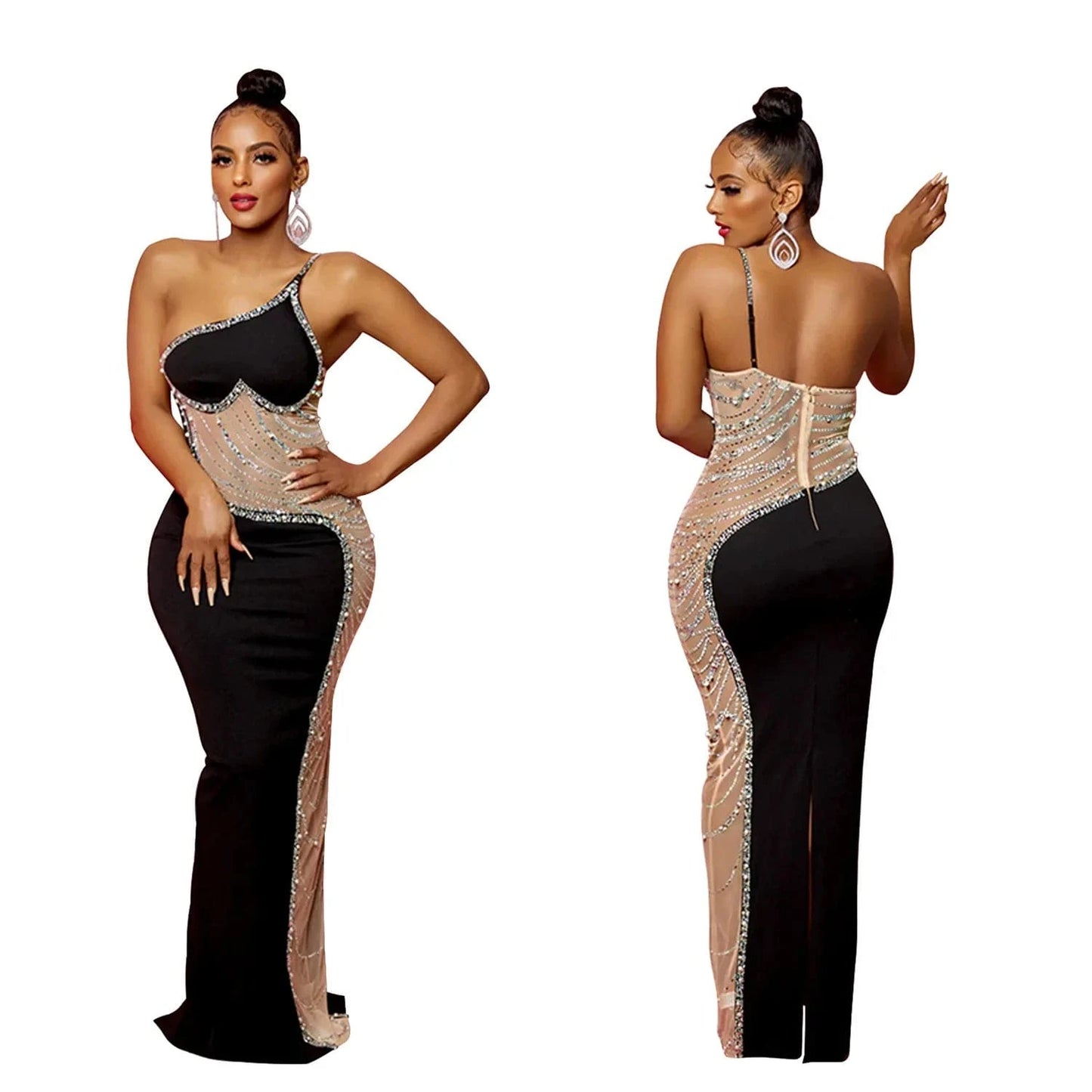 2XL / Black Women One Shoulder Split Long Dress Mesh Patchwork Rhinestone Beaded Dress Sleeveless Sexy Party Evening Dresses