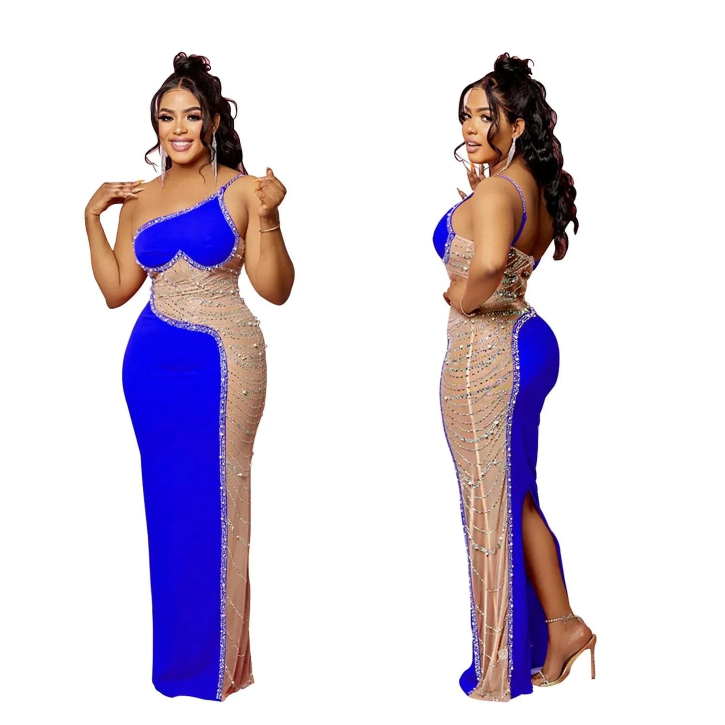 2XL / Blue Women One Shoulder Split Long Dress Mesh Patchwork Rhinestone Beaded Dress Sleeveless Sexy Party Evening Dresses