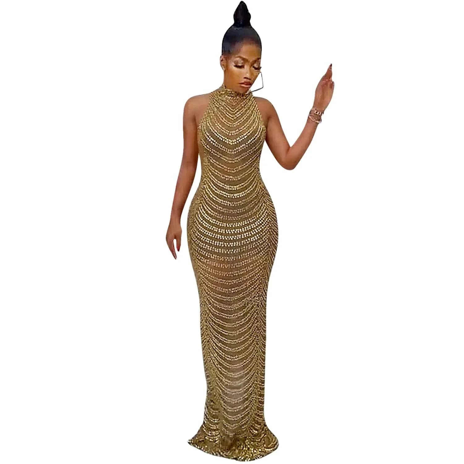 2XL / Gold Sparkly Crystal Rhinestone Bodycon Maxi Dress Women Wedding Evening Backless Mesh See Through Night Party Club Birthday Dress