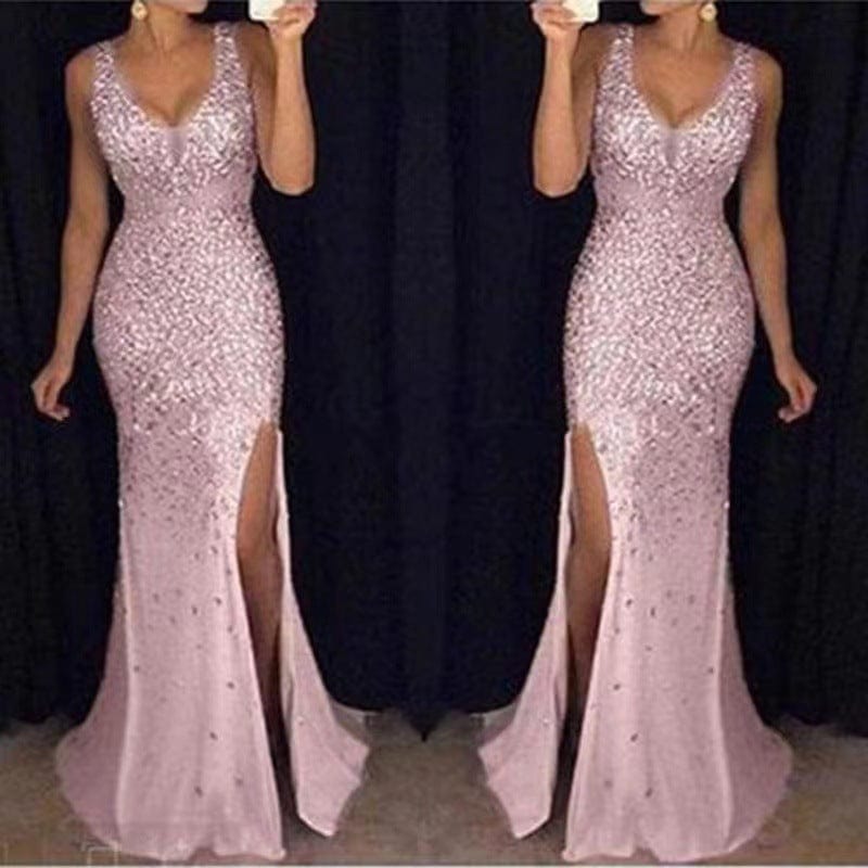 2XL / Pink Womens Plus Size Long Evening Slit Sleeveless Dress Prom Dresses Party  Evening Dress
