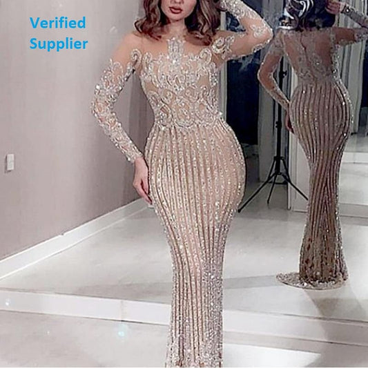 2XL Plus Size Fat Elegant Lace Women Formal Dresses Brides Clothing Long Sleeve Party Maxi Sequin Evening Dress