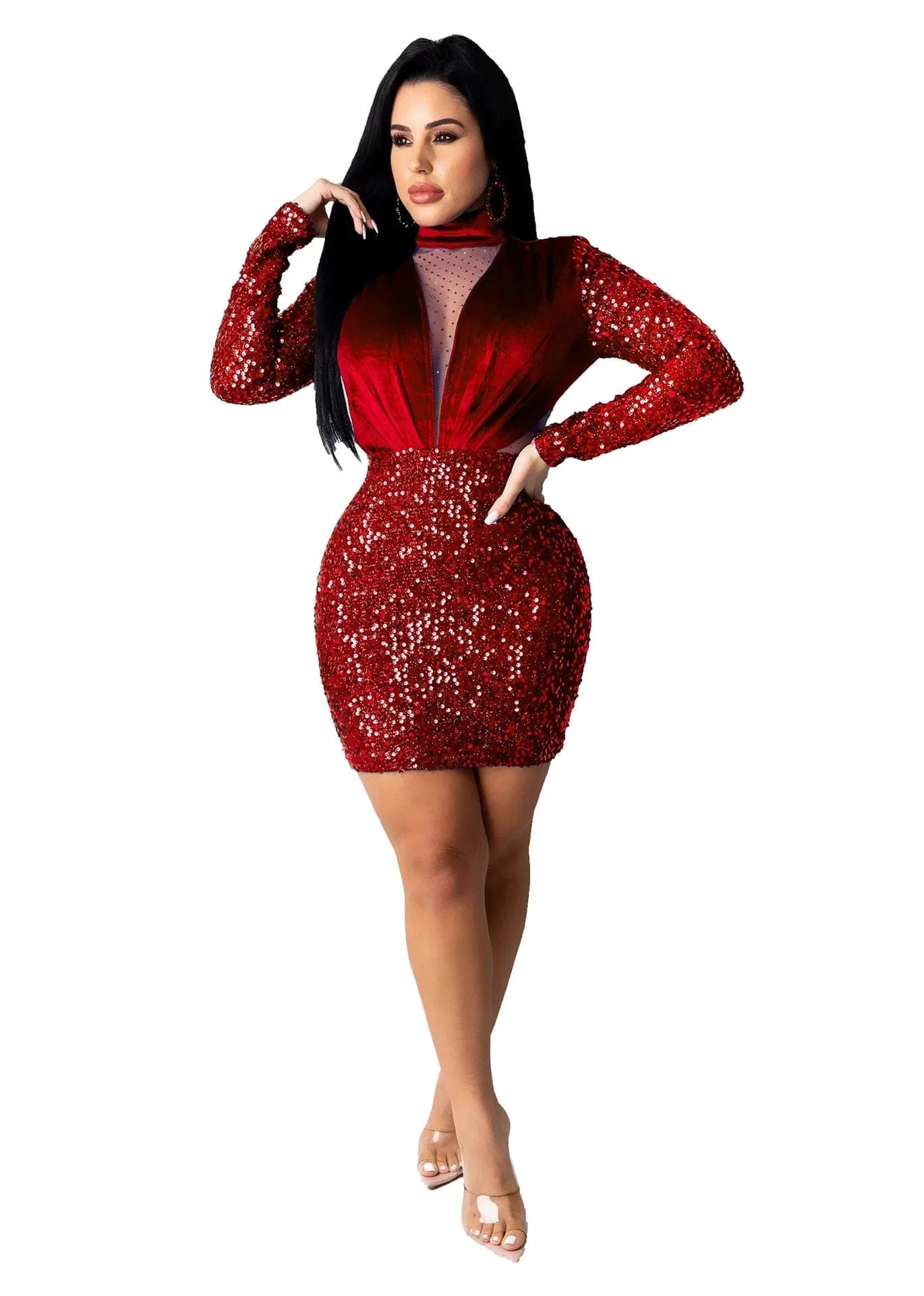 2XL / Red Autumn Winter Velvet Sequined Dress Women Long Sleeve Mesh Sheer Mini Dress Sparkly Night Club Women Elegant Evening Dress