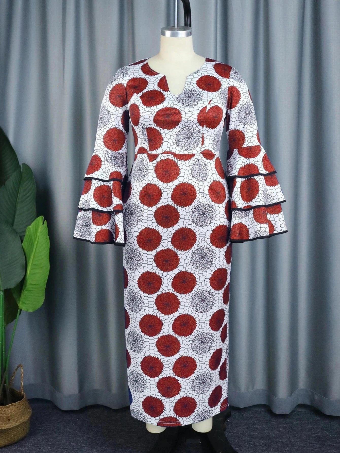 2XL / Red Long Flare Sleeves Autumn Maxi Print Large Size Women Cocktail Dresses