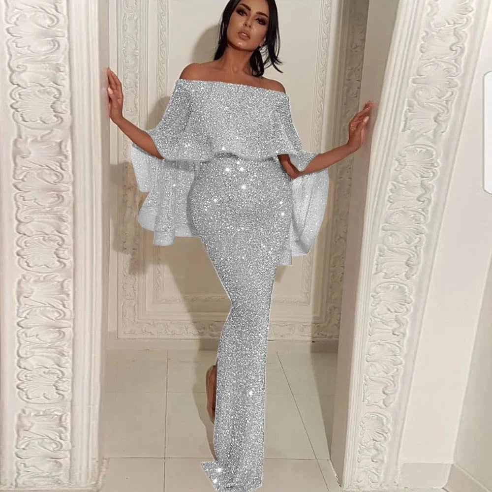 2XL / silver Bling Bling Women Elegant Party Dresses Spring Autumn Sexy Slash Neck Skinny Vestidos Ruffle Cover Up Evening Dress Plus Size