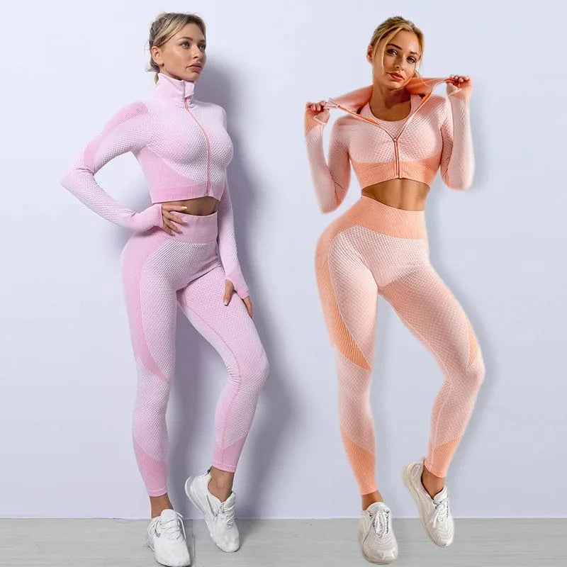 3 Piece Yoga sets Fitness women Long Sleeve Zip up Crop Tank Top outfit Bra Fitness Running Yoga legging Active wear For women's