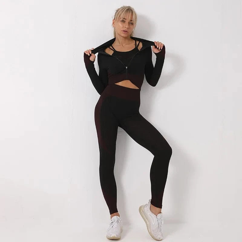 3 Piece Yoga sets Fitness women Long Sleeve Zip up Crop Tank Top outfit Bra Fitness Running Yoga legging Active wear For women's