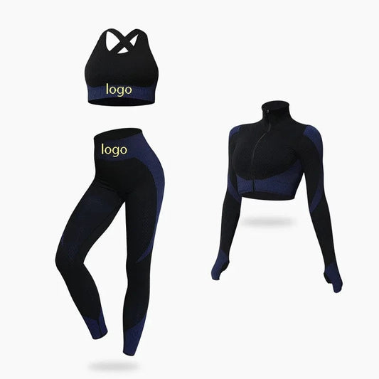 3 Piece Yoga sets Fitness women Long Sleeve Zip up Crop Tank Top outfit Bra Fitness Running Yoga legging Active wear For women's