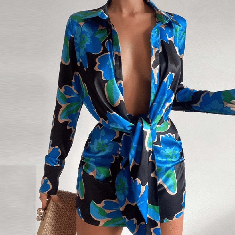 3 XL / 1 Printed Lace Up Office Ladies Shirt Dress Women Vintage Long Sleeve Turn Down Collar Sexy Slim Mini Robe 2023 Summer Sundress