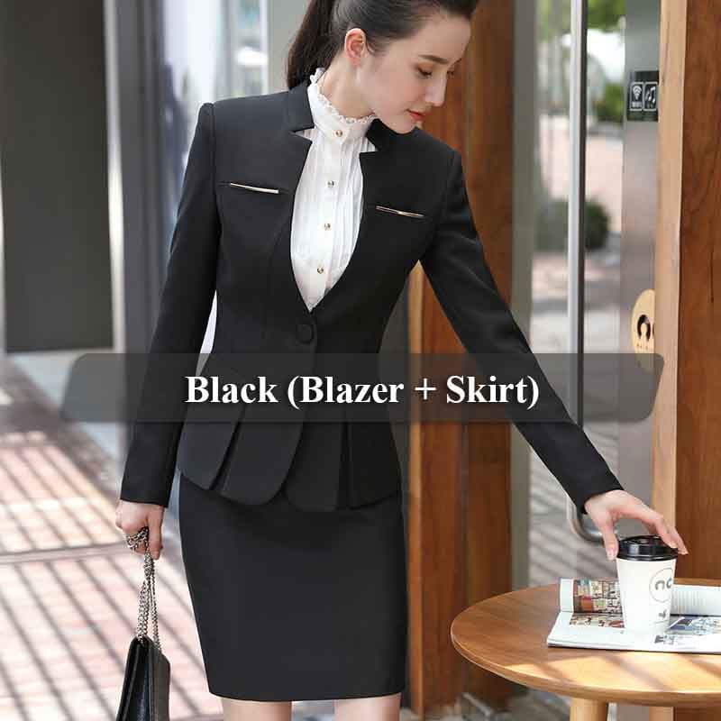 3 XL / 2 piece black skirt suit Wholesale and dealers Gray 2 Piece Set Office Ladies Skirt Suit Uniform Designs Women Business Suits for work Formal Wear