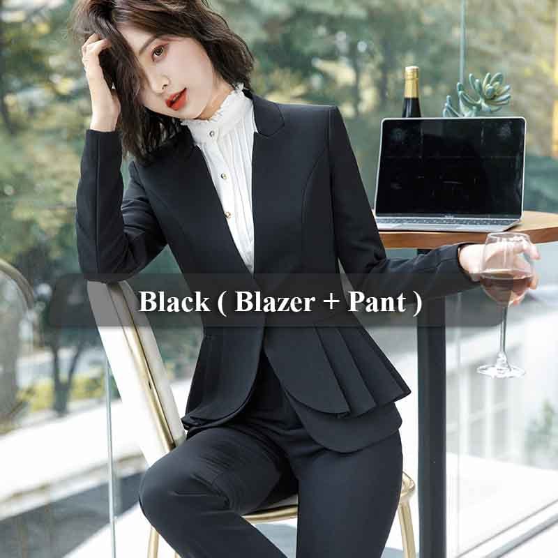 3 XL / 2 Piece Black Suits Smooth Ruffles Two-piece Suit Single Button Formal Pant Suit Office Lady Uniform Design Women Jacket and Trouser
