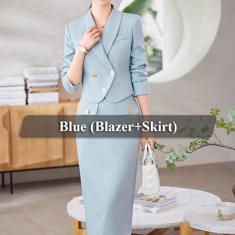 3 XL / 2 Piece blue skirt Suit OEM Wholesale 2 Piece Solid Set for Women Business Office Lady Work Wear Double Breasted Clothes Short Blazer with Skirt