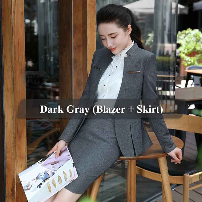 3 XL / 2 piece dark gray skirt suit Wholesale and dealers Gray 2 Piece Set Office Ladies Skirt Suit Uniform Designs Women Business Suits for work Formal Wear