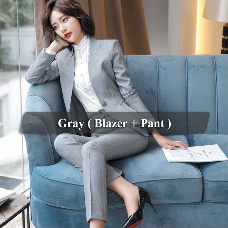 3 XL / 2 Piece Gray Suits Smooth Ruffles Two-piece Suit Single Button Formal Pant Suit Office Lady Uniform Design Women Jacket and Trouser