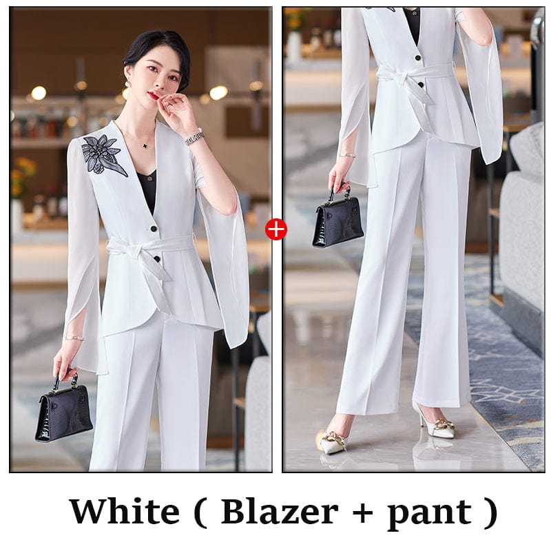 3 XL / 2 Piece White Pant Suits Summer Wear OEM Wholesale 2 piece Set High-quality Women Pant Suit Fashion Slit Sleeves Lady Office Blazer and Trousers
