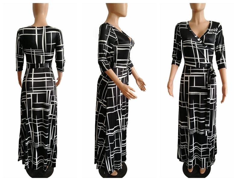 3 XL / 3 Autumn Fashion Plaid Printed Long Swing Dress Vintage Style Sexy Deep V Quarter Sleeve Boho Maxi Dress ESMR8834