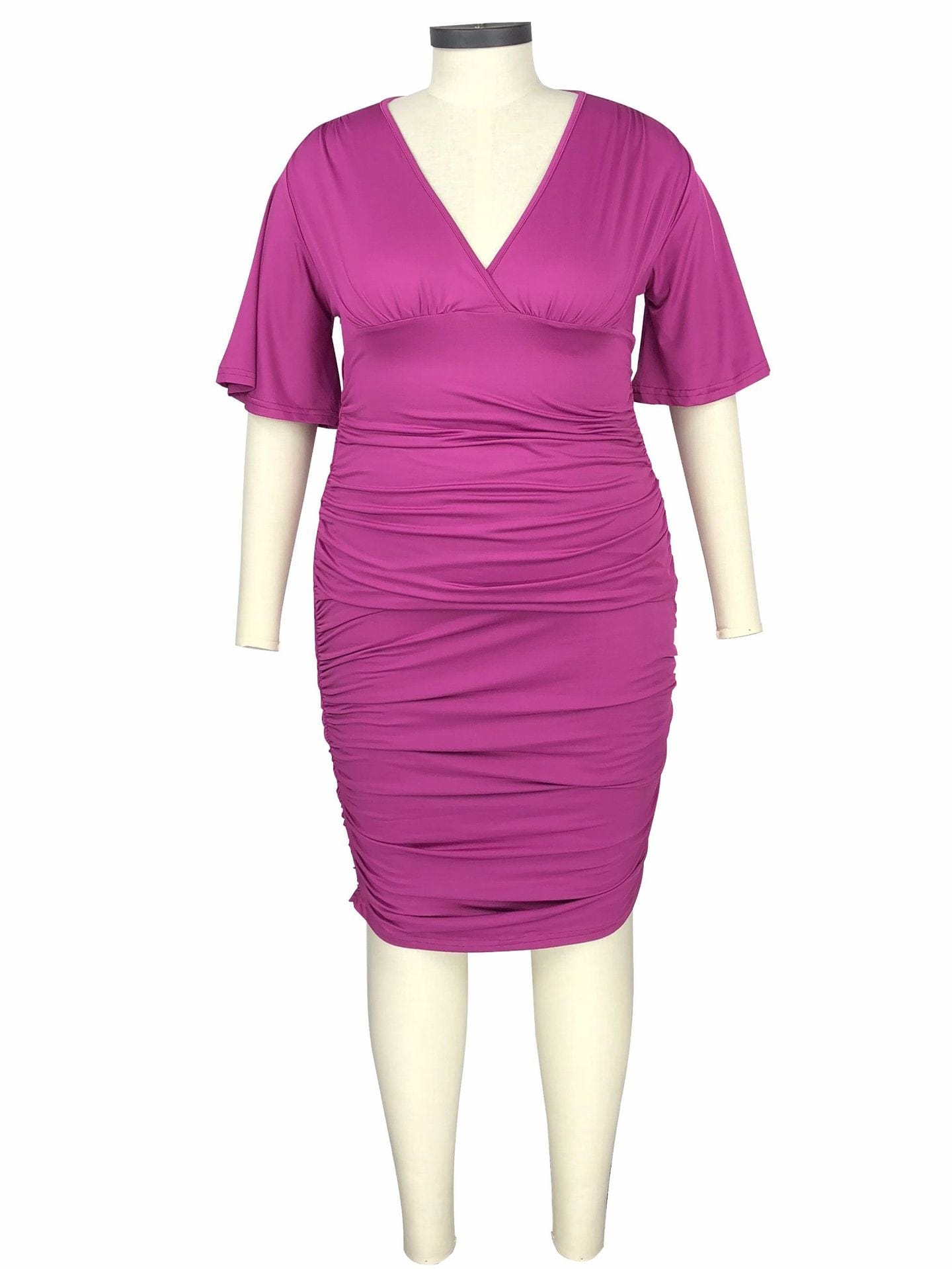 3 XL / 3 New Trend 3/4 Sleeve Ruffles V Neck Big Plu Size Office Lady Elegant Women Bodycon Midi Dress