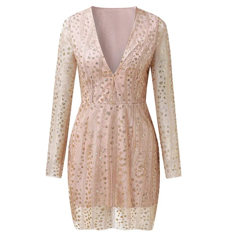3 XL / apricot OEM Factory Hot Selling Sequin Foil Print Deep V-neck Sexy Short Women Dress