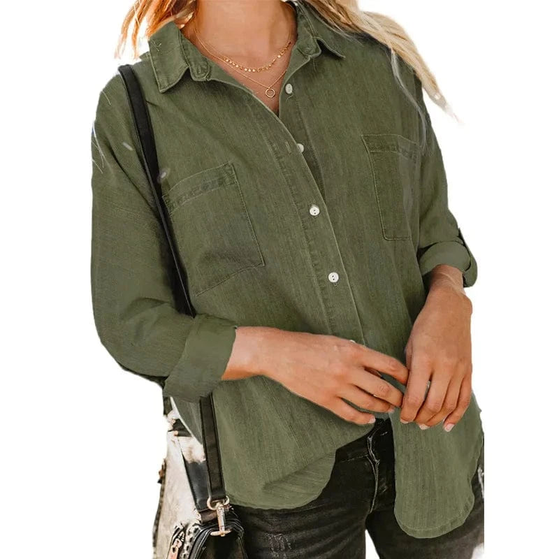 3 XL / Army Green 2023 Women's Denim shirt Spring and Autumn New loose Double pocket Long sleeve All-match Casual Coat shirt